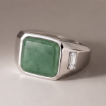 Men's Square Green Jade Signet Ring with Baguette Cubic Zirconia in Sterling Silver - Image 7
