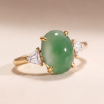Oval Green Jade Three-Stone Ring with Trillion Cubic Zirconia in Gold Tone - Image 3