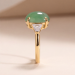 Oval Green Jade Three-Stone Ring with Trillion Cubic Zirconia in Gold Tone - Image 4