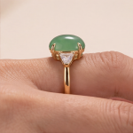 Oval Green Jade Three-Stone Ring with Trillion Cubic Zirconia in Gold Tone - Image 5
