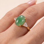 Oval Green Jade Three-Stone Ring with Trillion Cubic Zirconia in Gold Tone - Image 8