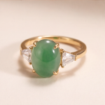 Oval Green Jade Three-Stone Ring with Trillion Cubic Zirconia in Gold Tone - Image 6