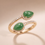 Open Bypass Ring with Pear-Cut Green Jade Cabochons in Rose Gold Tone