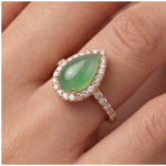 Pear-Shaped Green Jade Halo Ring in Rose Gold Tone - 图片 2