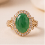 Oval Green Jade Halo Ring with Scrollwork Shoulders in Gold Tone - Image 3