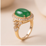 Oval Green Jade Halo Ring with Scrollwork Shoulders in Gold Tone