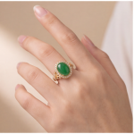 Oval Green Jade Halo Ring with Scrollwork Shoulders in Gold Tone - Image 7
