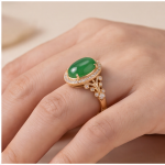 Oval Green Jade Halo Ring with Scrollwork Shoulders in Gold Tone - Image 5