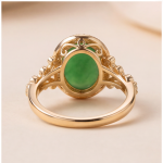 Oval Green Jade Halo Ring with Scrollwork Shoulders in Gold Tone - Image 6