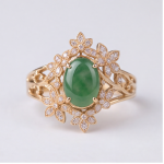 Oval Green Jade Ring with Marquise Cubic Zirconia Leaf Frame in Gold Tone - Image 3