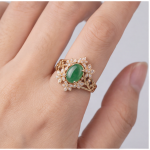Oval Green Jade Ring with Marquise Cubic Zirconia Leaf Frame in Gold Tone - Image 8