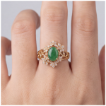 Oval Green Jade Ring with Marquise Cubic Zirconia Leaf Frame in Gold Tone - Image 5