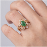 Oval Green Jade Ring with Marquise Cubic Zirconia Leaf Frame in Gold Tone - Image 2