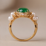 Green Jade and Freshwater Pearl Cocktail Ring in Gold Tone - 图片 6
