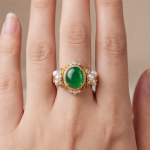 Green Jade and Freshwater Pearl Cocktail Ring in Gold Tone - 图片 5