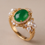 Green Jade and Freshwater Pearl Cocktail Ring in Gold Tone