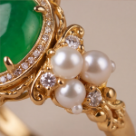 Green Jade and Freshwater Pearl Cocktail Ring in Gold Tone - 图片 10