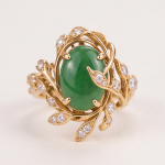 Green Jade Vine Ring with Cubic Zirconia Leaves in Gold Tone - Image 9