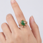 Green Jade Vine Ring with Cubic Zirconia Leaves in Gold Tone - Image 8