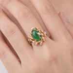 Green Jade Vine Ring with Cubic Zirconia Leaves in Gold Tone - Image 5