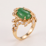 Green Jade Vine Ring with Cubic Zirconia Leaves in Gold Tone