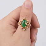 Green Jade Vine Ring with Cubic Zirconia Leaves in Gold Tone - Image 2