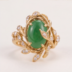 Green Jade Vine Ring with Cubic Zirconia Leaves in Gold Tone - Image 3