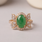 Oval Green Jade Ring with Cubic Zirconia Petal Wings in Rose Gold Tone - Image 3
