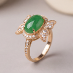 Oval Green Jade Ring with Cubic Zirconia Petal Wings in Rose Gold Tone