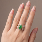 Oval Green Jade Ring with Cubic Zirconia Petal Wings in Rose Gold Tone - Image 5