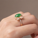 Oval Green Jade Ring with Cubic Zirconia Petal Wings in Rose Gold Tone - Image 8
