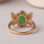 Oval Green Jade Ring with Cubic Zirconia Petal Wings in Rose Gold Tone - Image 7