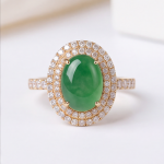 Oval Green Jade Double Halo Ring in Gold Tone