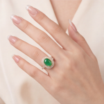 Oval Green Jade Double Halo Ring in Gold Tone - 图片 2