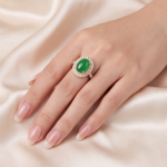 Oval Green Jade Double Halo Ring in Gold Tone - 图片 8