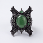Gothic Bat Wing Ring with Green Agate Cabochon in Blackened Silver