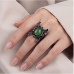 Gothic Bat Wing Ring with Green Agate Cabochon in Blackened Silver - Image 5