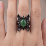 Gothic Bat Wing Ring with Green Agate Cabochon in Blackened Silver - Image 2