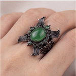 Gothic Bat Wing Ring with Green Agate Cabochon in Blackened Silver - Image 8