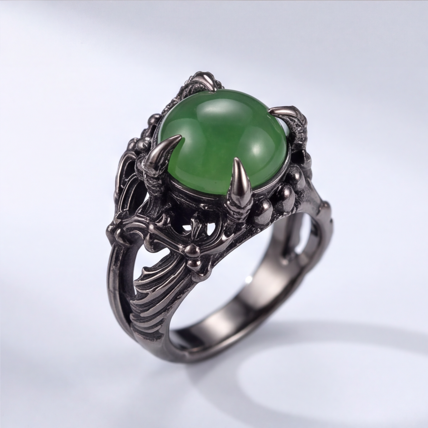 1786351295_ac4da3c9-9 Green Agate Claw Ring in Blackened Silver - 图片 1