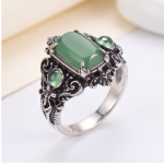 Vintage Cushion Green Agate Ring with Scroll Detail in Antiqued Silver