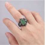 Vintage Cushion Green Agate Ring with Scroll Detail in Antiqued Silver - Image 5