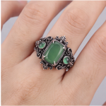 Vintage Cushion Green Agate Ring with Scroll Detail in Antiqued Silver - Image 2