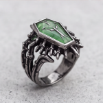 Coffin-Shaped Green Stone Ring with Thorn Detail in Stainless Steel