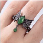 Bat Wing Ring with Marquise Green Stone and Drop in Blackened Silver - Image 2