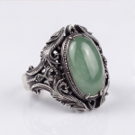 Elongated Oval Green Aventurine Ring with Baroque Frame in Antiqued Silver