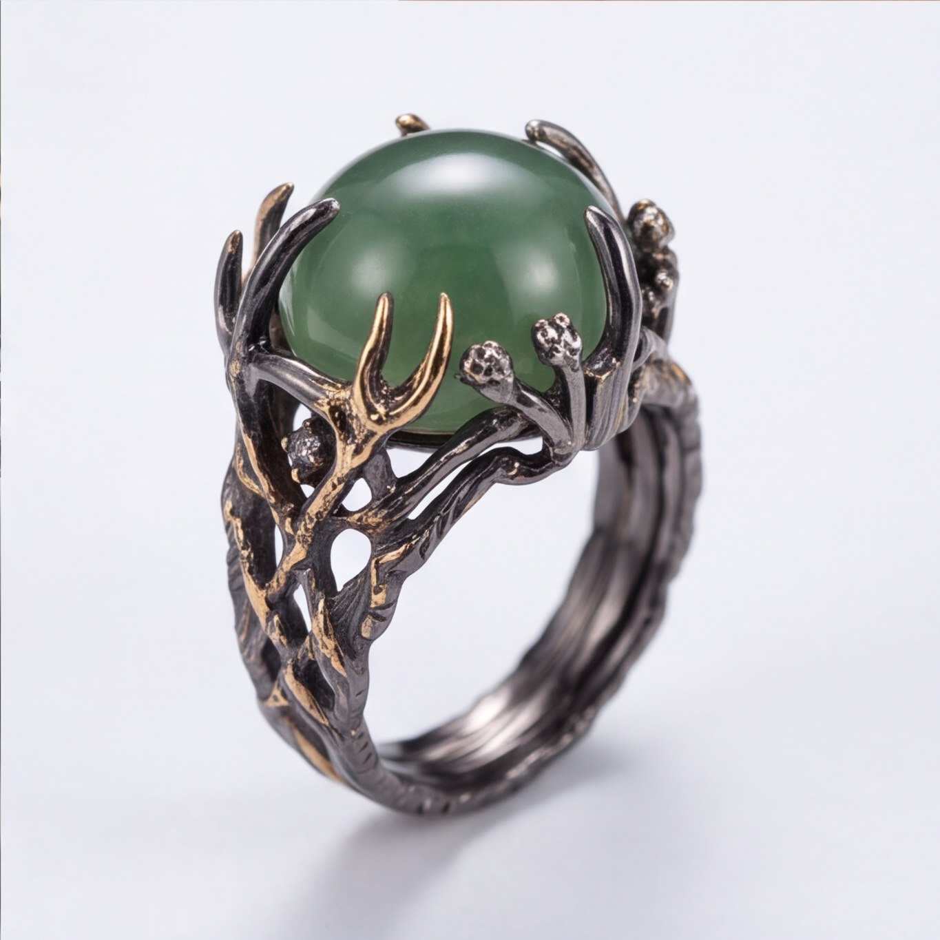 1786351561_b6820d27-9 Round Green Aventurine Ring with Two-Tone Branch Setting - 图片 1