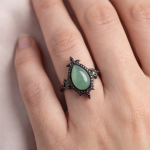 Pear-Cut Green Jade Ring with Black Pave Frame in Gunmetal Tone - Image 5