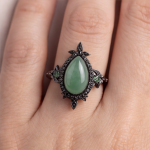 Pear-Cut Green Jade Ring with Black Pave Frame in Gunmetal Tone - Image 8