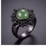 Oval Green Cabochon Sunburst Ring with Black Cubic Zirconia